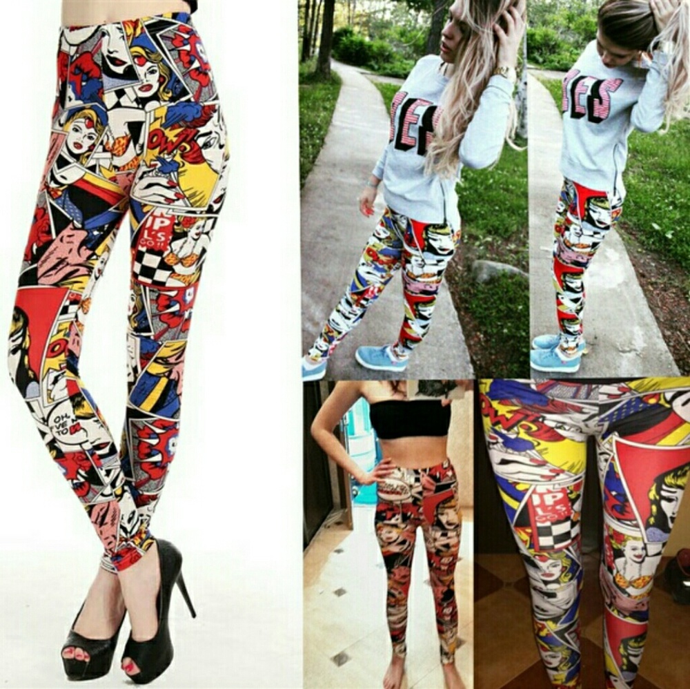 💋COMIC GRAPHIC PRINT YOGA LEGGINGS - MULTI - Picture 1 of 6